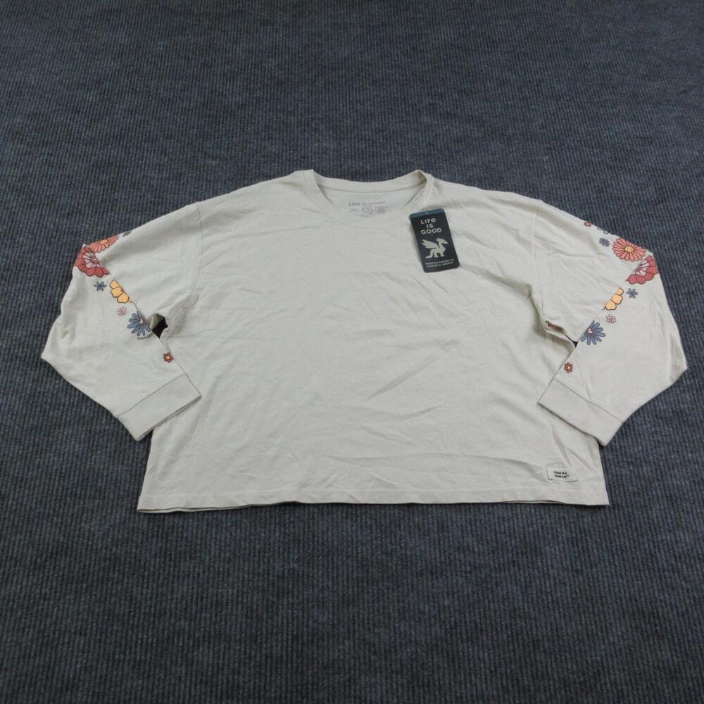 Life Is Good Shirt Womens 2XL Beige Floral Long Sleeve Crusher Boxy Retro NWT